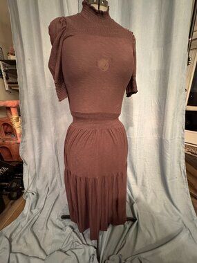 Nation Ltd Smocked Mock Neck Midi Dress XS Brown Pima Cotton